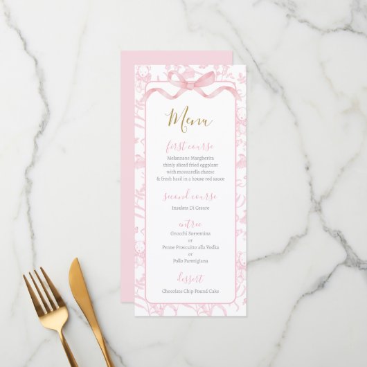 Toile de jouy Pink Baby Shower Girl Menu Card (Devant/Arrière en situation)