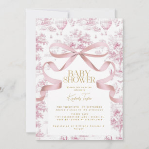 Toile de Jouy Pink Bow Baby shower Uitnodiging