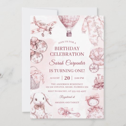 Toile De Jouy Pink Girl Birthday Party Kaart (Voorkant)