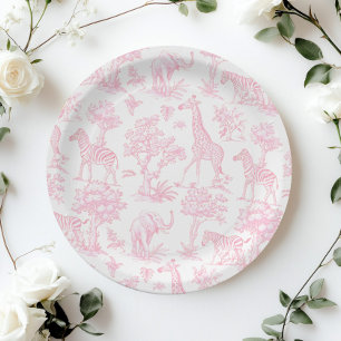 Toile de Jouy Safari dieren Roze Baby shower Papieren Bordje