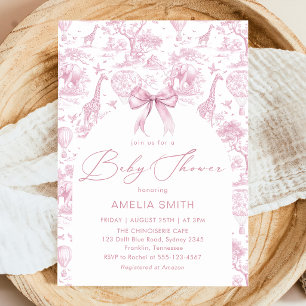 Toile de Jouy Safari Roze Strik Baby shower Kaart