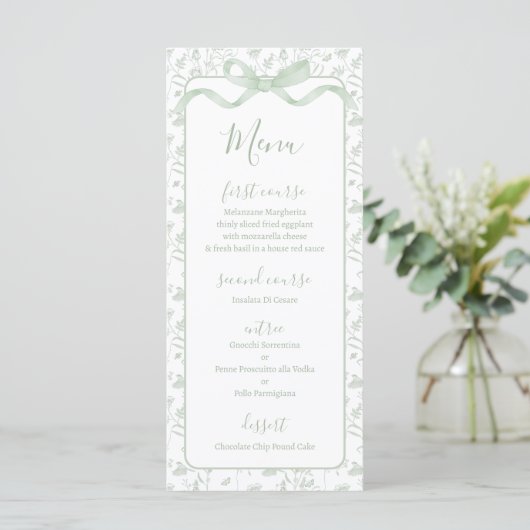 Toile de jouy Sage Green Menu Card (Debout devant)
