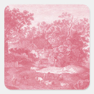 Toile de Jouy Shabby Pink Pastoral Landschap Vierkante Sticker