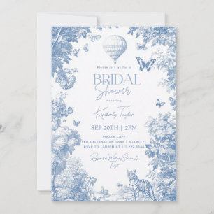 Toile De Jouy Stof Blauw Elegante Bruiloft Feest Kaart