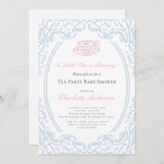 Toile de Jouy Tea Party Baby shower Uitnodiging (Voorkant / Achterkant)