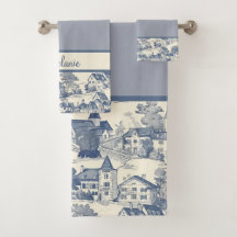 Toile de Jouy Village Scene Grens op Blauw
