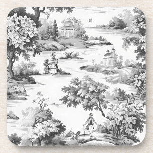 Toile de jouy, zwart en wit, porselein, bier onderzetter