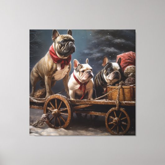 Toile Décor de Noël de Bulldog Snowy Sleigh (Recto)