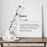 Toile Définition d'amour personnalisée avec dictionnaire<br><div class="desc">Créez un accent personnel et personnalisé avec cette impression de toile unique de haute qualité : Une définition de l'amour avec des noms personnalisés. Vous pouvez présenter le nom de famille ou les noms de couples ou même les noms d'enfants ci-dessous. Dictionnaire minimaliste typographie noire, conception propre et simple. Personnalisez...</div>