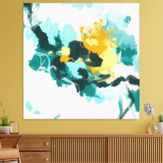 Toile Design Abstrait moderne Turquoise et Jaune peint (Insitu(Salon))