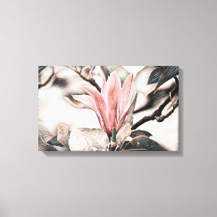 Toile Dessin d'une branche de fleur de magnolia rose