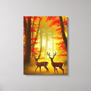 Toile Deux cerfs dans une forêt d'automne / Bois