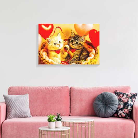 Toile Deux chatons mignons dans un panier avec un ballon (Insitu(Salon))