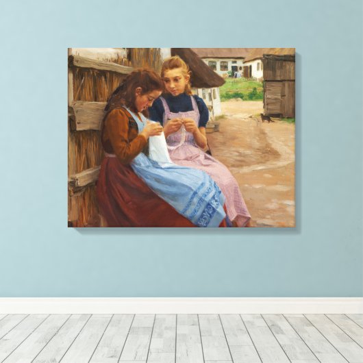 Toile Deux Filles avec Needlework assis dans une ferme (Insitu (Plancher de Bois))