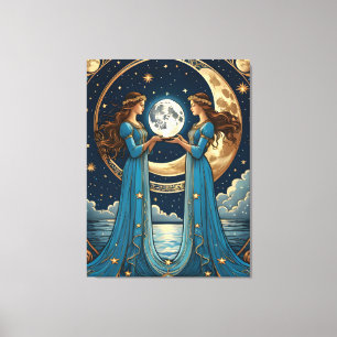 Toile deux filles tenant une lune d'imaginaire