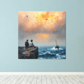 Toile Deux garçons regardent un bateau en mer (Insitu (Plancher de Bois))