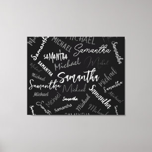 Toile Deux noms couple motif monogramme noir gris blanc