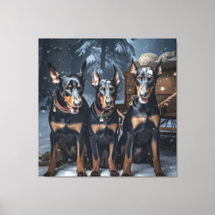 Toile Doberman enneigé Traîneau Décor de Noël