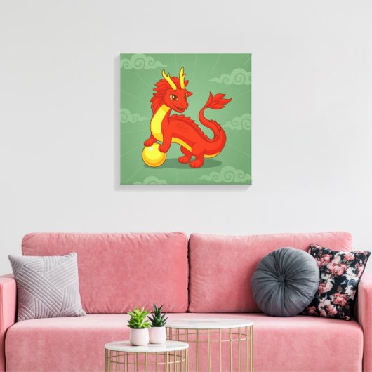 Toile Dragon Chinois Rouge sur Fond Vert (Insitu(Salon))
