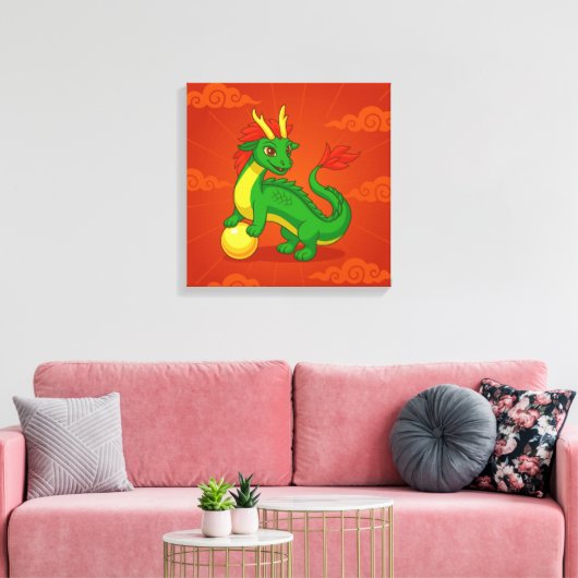Toile Dragon Chinois Vert sur Fond Rouge (Insitu(Salon))