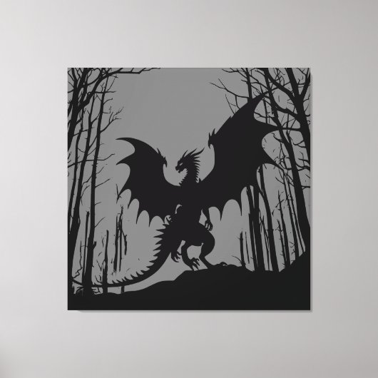 Toile Dragon de silhouette noire sur gris - Imaginaire | (Recto)