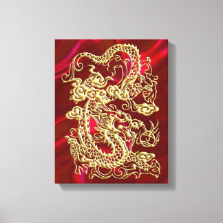 Toile Dragon d'or embouti sur papier satin rouge