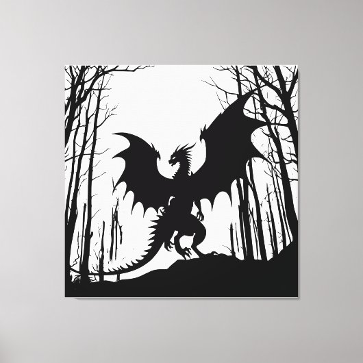 Toile Dragon noir en silhouette sur blanc - Imaginaire | (Recto)