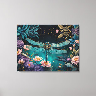 Toile Dragonfly dans un jardin fleuri la nuit