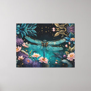 Toile Dragonfly dans un jardin fleuri la nuit