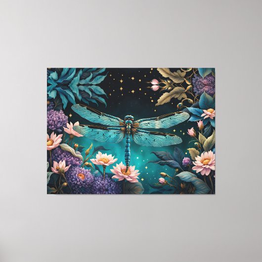 Toile Dragonfly dans un jardin fleuri la nuit (Recto)