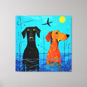 Toile "Duo aquatique de la joie" - Chiens surréalistes e