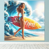 Toile Dynamic Surfer Girl Walking Beach Waves Art (Insitu (Plancher de Bois))