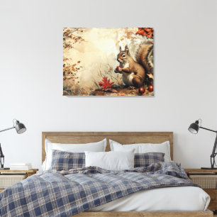 Toile Écureuil vintage et glands en automne 32x24