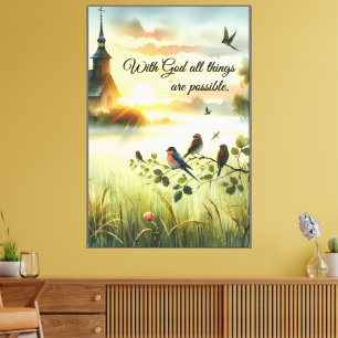 Toile Église au lever du soleil avec oiseaux dans une pr