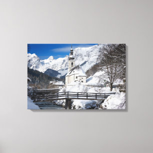 Toile Eglise dans la neige avec les Alpes