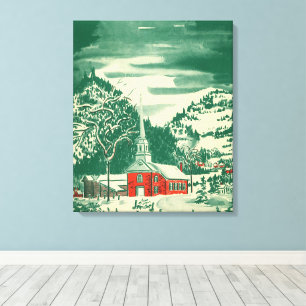 Toile Église de Noël vintage, paysage enneigé en hiver
