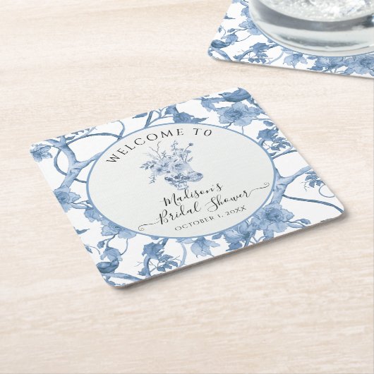 Toile Elegant Blauw-Wit Bloemmotief Bruidsmeisjesf Vierkante Kartonnen Onderzetter (Schuin)