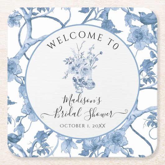 Toile Elegant Blauw-Wit Bloemmotief Bruidsmeisjesf Vierkante Kartonnen Onderzetter (Voorkant)