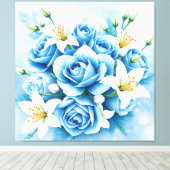 Toile Elégant bleu Rose Floral Art Imprimer (Insitu (Plancher de Bois))