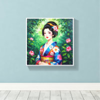 Elegant Geisha Wall Art - Floral Kimono Portrait