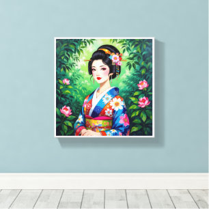 Toile Elegant Geisha Wall Art - Floral Kimono Portrait
