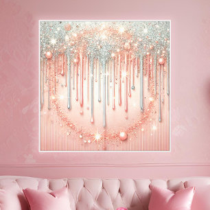 Toile Élégant rose poudré et gouttes de paillettes argen