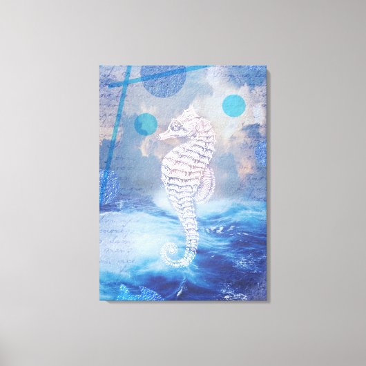 Toile Elegant Vintage Seahorse Blue Ocean Waves (Recto)