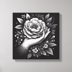 Toile Élégante œuvre d'art botanique à la main en noir e