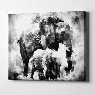 Toile Eléphant africain avec veau noir et blanc