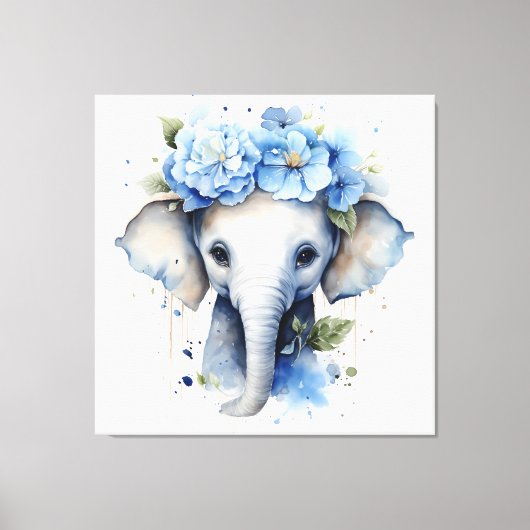 Toile Eléphant Bébé - Couronne Fleur Bleue (Recto)