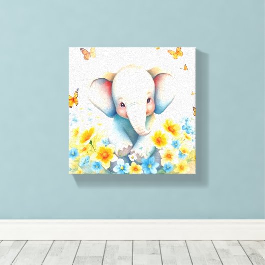 Toile Eléphant bébé en fleurs (Insitu (Plancher de Bois))