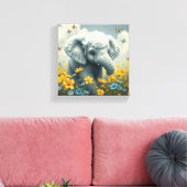 Toile Éléphant de bébé courant dans des fleurs (Insitu(Salon))