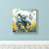 Toile Éléphant de bébé courant dans des fleurs (Insitu (Plancher de Bois))