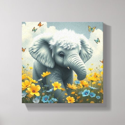 Toile Éléphant de bébé courant dans des fleurs (Recto)